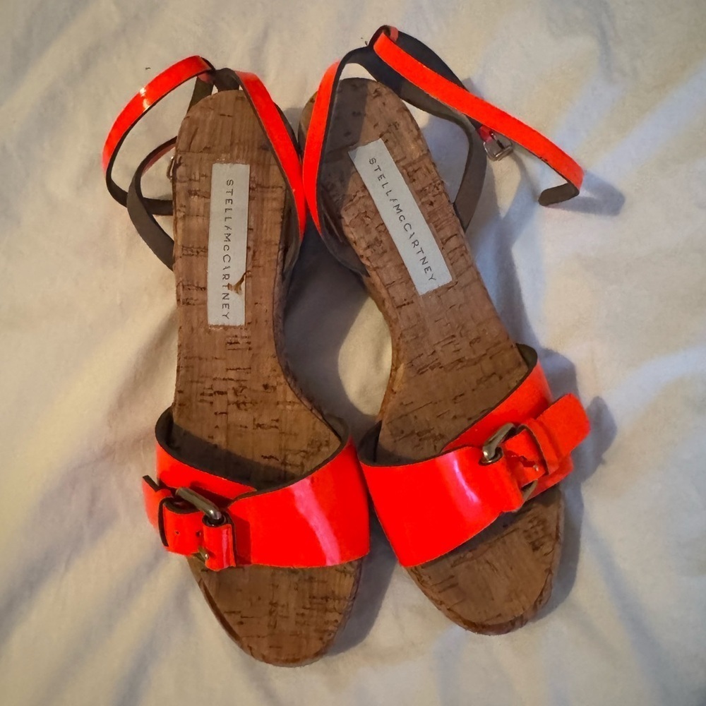 Stella McCartney- Neon Faux Patent Leather Orange Ankle Strap Cork Wedge Herls - Picture 3 of 5